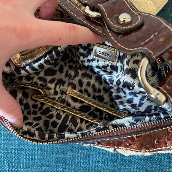 Guess Brown & Tan Shoulder Bag Y2K Linen Handbag - Picture 13 of 15